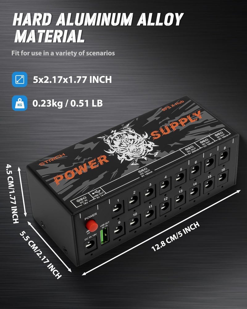STRICH SPS X-Hub Guitar Pedal Power Supply for 9V/12V/18V, 100mA - 300mA Effects Pedals, 16 Independent Outputs, Short-circuit protection and noiseless, 5V 1A USB Port Supports Mobile Devices, Tablets - Image 5